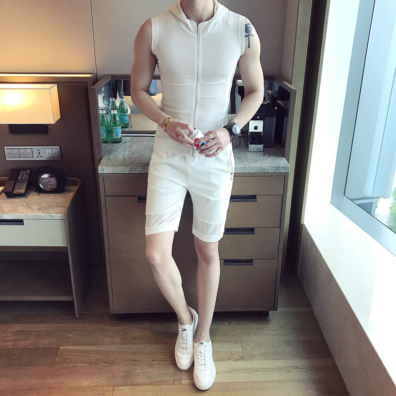 2018绅士硬汉英伦修身连帽无袖背心镂空短裤五分裤休闲套装两件套