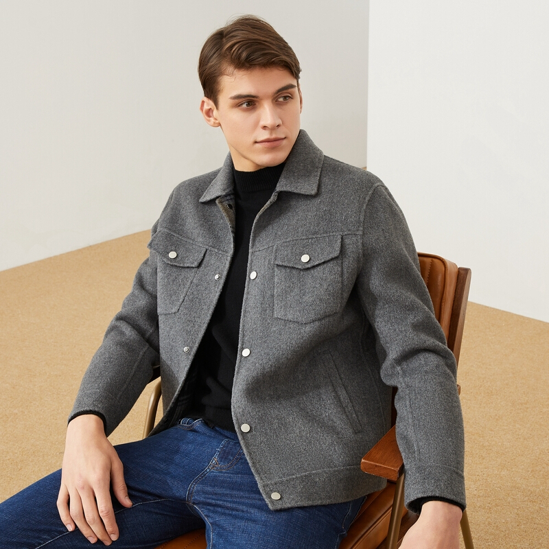 含羊毛柒牌夹克男秋冬新款时尚休闲工装风翻领毛呢外套夹克衫121jd
