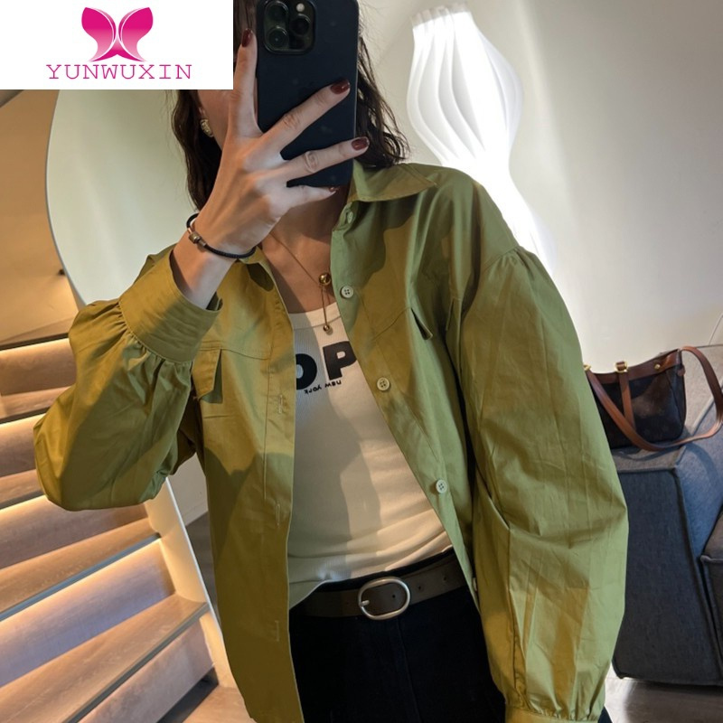 YUNWUXIN早秋季白色长袖衬衫小众设计感上衣女新款别致抽绳翻领小衬衣外套