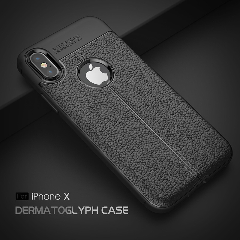 iphoneX 网纹散热设计手机壳苹果10全包防摔防撞皮纹保护套 荔枝纹软壳-经典黑