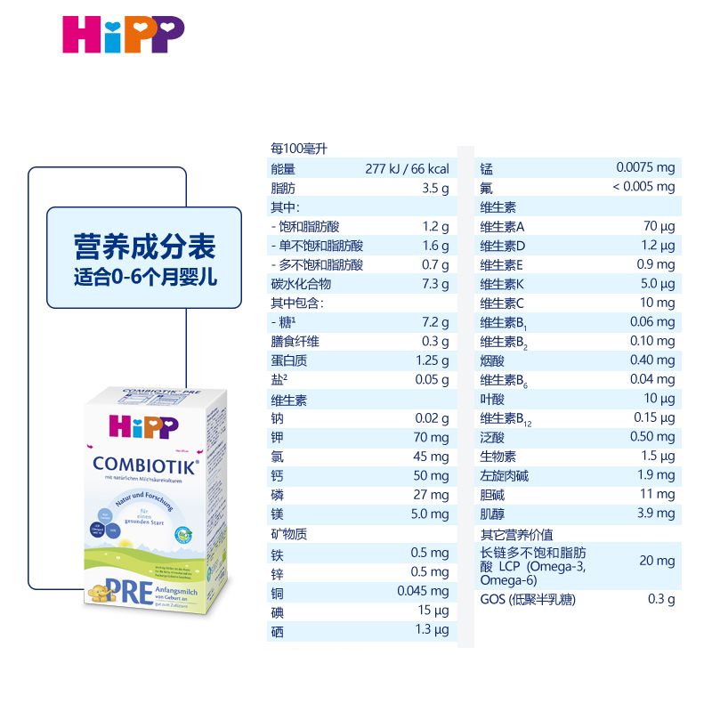 [假一赔百]四盒盒新包装丨德国原装进口 喜宝Hipp 益生元奶粉 Pre段/1段 适合0-6个月 600g/盒 效期新