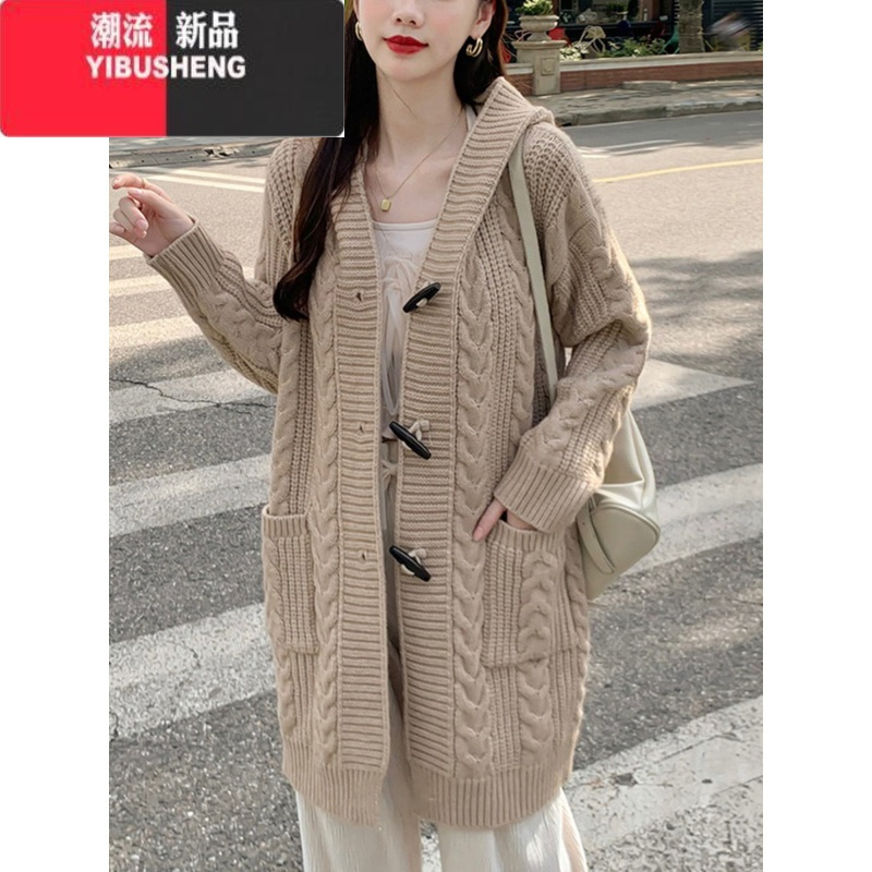 yibusheng连帽毛衣外套女开衫中长款加厚麻花针织宽松大码粗线大衣
