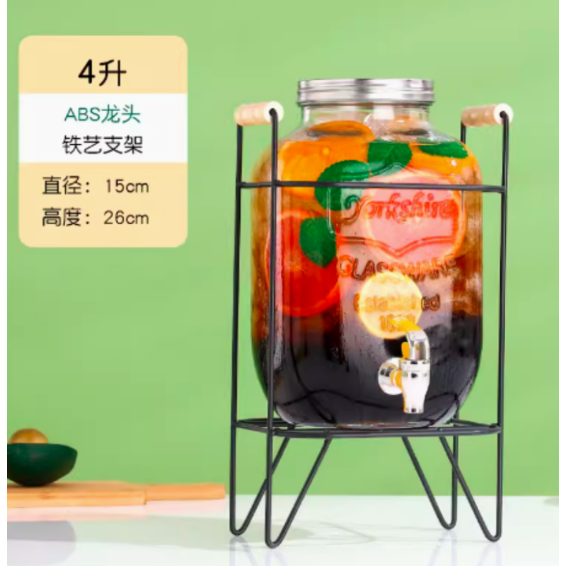 商用装酒柠檬果汁容器鼎龙头饮水桶带水壶泡玻璃罐子4L(含铁架)