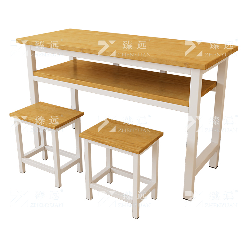 臻远ZY4082138 学生课桌椅双层带抽屉培训班学习桌学校辅导班教室双人桌 胡桃色含凳子+白架1200*500*800