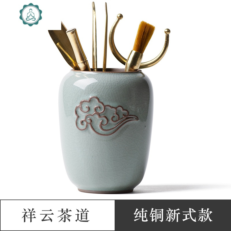 黑檀实木茶道六君子套装家用功夫茶具配件陶瓷茶桶茶针茶夹茶勺 封后 祥云纯铜新式款