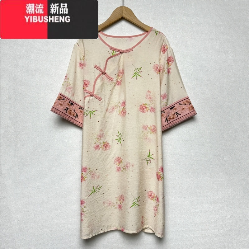 YIBUSHENG新中式国风复古民族风连衣裙女薄款袖口刺绣时尚休闲气质长衫