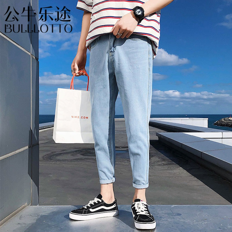 公牛乐途2021牛仔裤男士春季新款宽松直筒韩版潮流九分潮牌浅色百搭9分裤子男