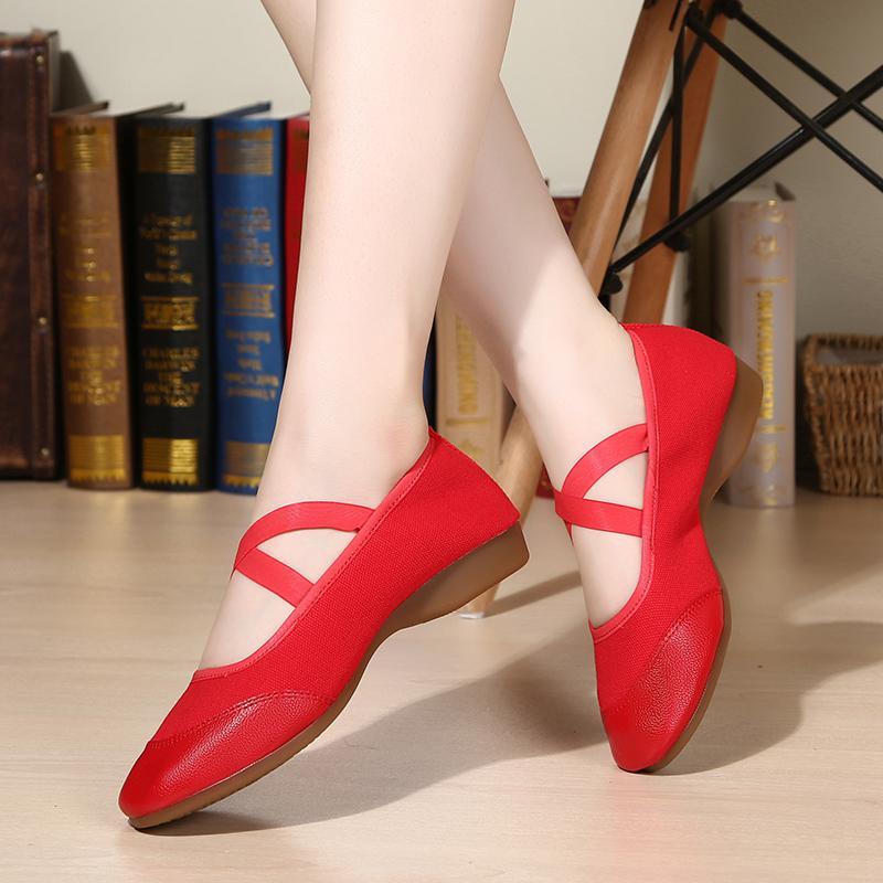 广场舞鞋子女软底舞蹈鞋成人四季演出红舞鞋低跟帆布跳舞鞋练功鞋视频