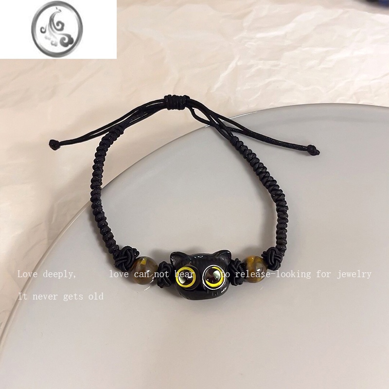 JiMi黑檀木小猫咪编织手链小众设计一对情侣新中式复古百搭闺蜜配