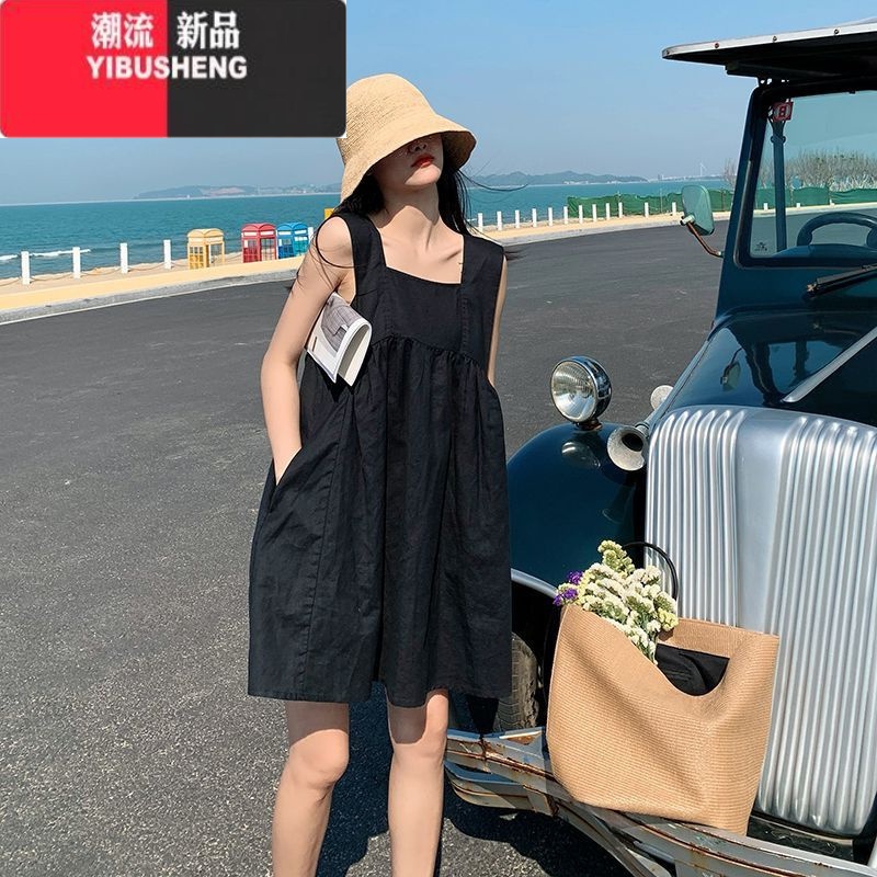 YIBUSHENG胖mm季赫本风黑色显瘦短裙无袖背心裙大码宽松遮肚子a字连衣裙 黑色 L