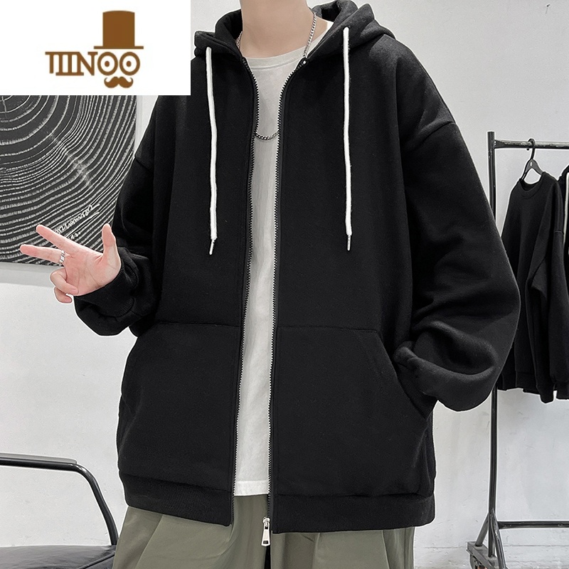 YANXU拉链开衫外套男纯色冬季加绒青少年帅气休闲宽松连帽季休高清大图