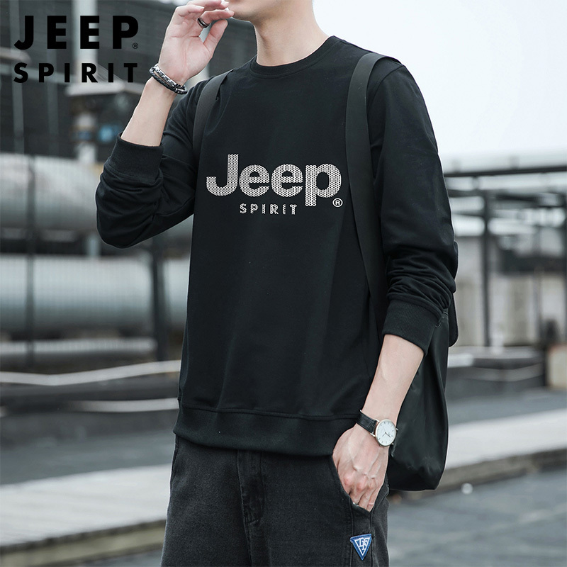 JEEP SPIRIT吉普新款秋冬男士卫衣时尚字母圆领套头衫纯棉微弹男士体恤衫灰色外套