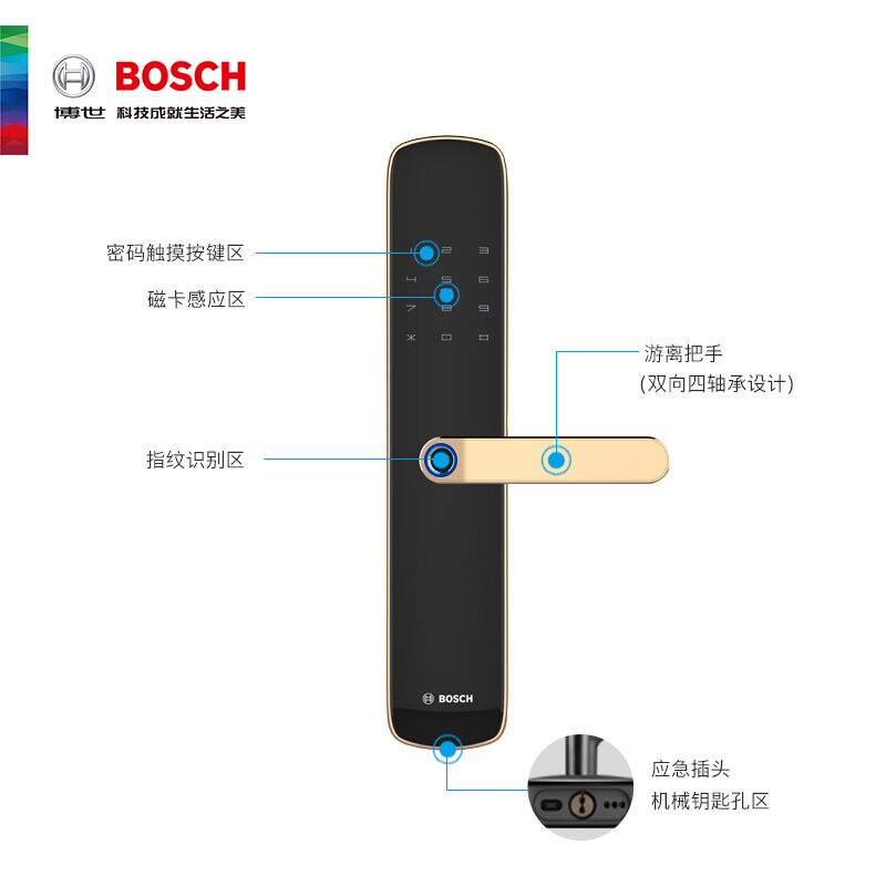 博世（BOSCH）ID60 指纹锁智能锁家用防盗门电子锁密码锁 防小黑盒C级锁芯直板 琥珀金
