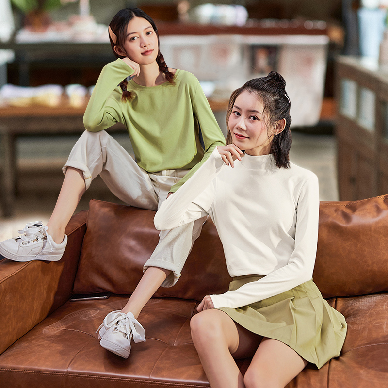 唐狮春季新款打底衫女内搭白色加绒半高领T恤长袖打底小衫黑色Q