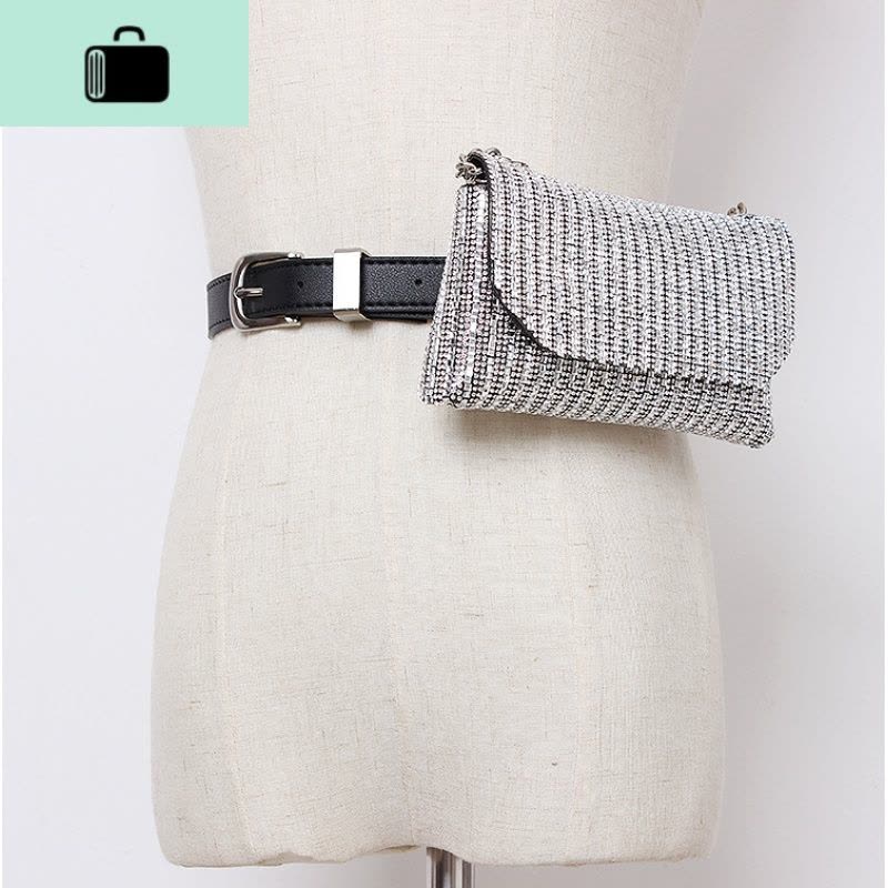 2019新款 网红ins超火个性水钻闪钻链条斜跨单肩女带装饰腰包NEW LAKE 黑色女斜挎包图片