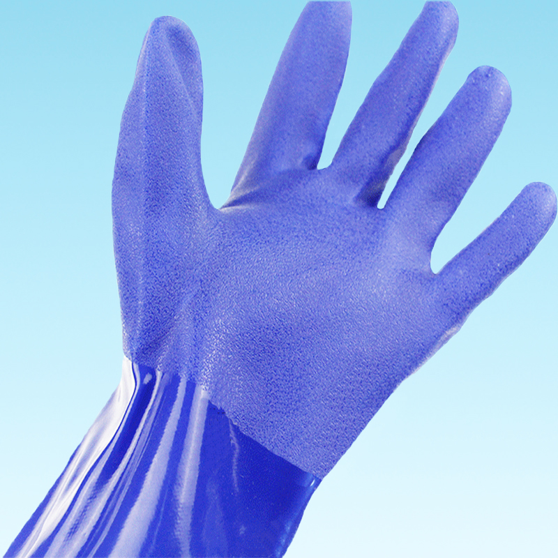 双意618耐油蓝色耐酸碱手套 l 工业耐强酸碱浸塑棉毛手套油烟机火碱