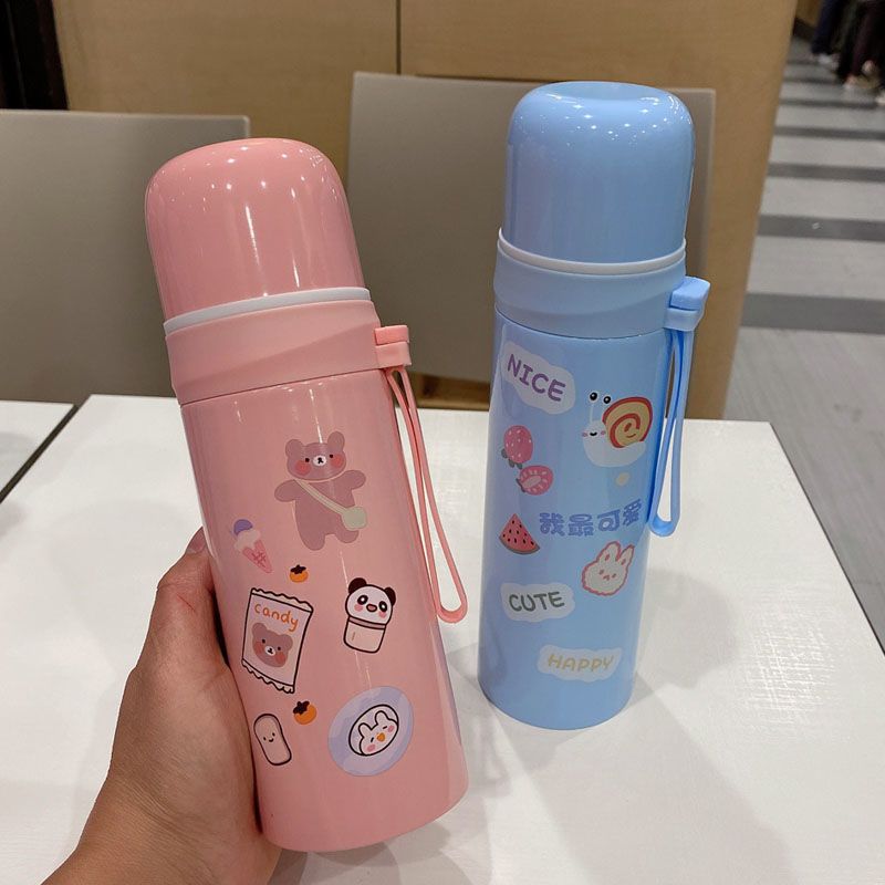 保温杯女便携简约清新森系学生可爱少女杯子带盖儿童创意个性水杯 粉色背包兔子--350ml