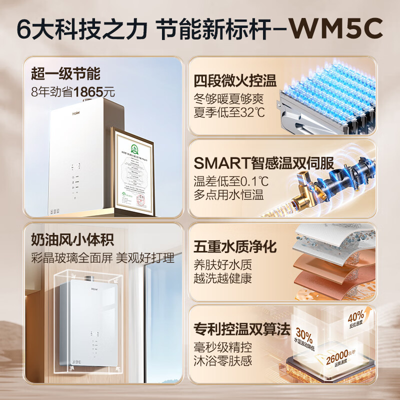 海尔(Haier)燃气热水器天然气水伺服恒温家用APP智能节能省气WM5 以旧换新 13L [WM5C]加量不加价高清大图