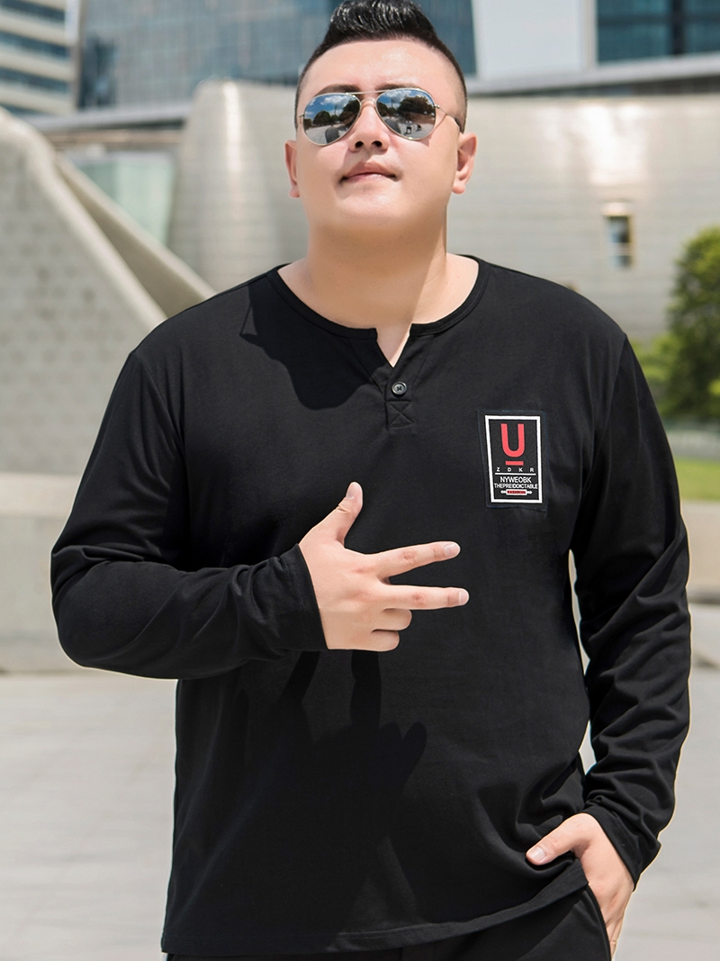 SUNTEK潮大码胖子加肥加大长袖t恤男宽松休闲印花上衣肥佬男装体恤秋冬T恤高清大图