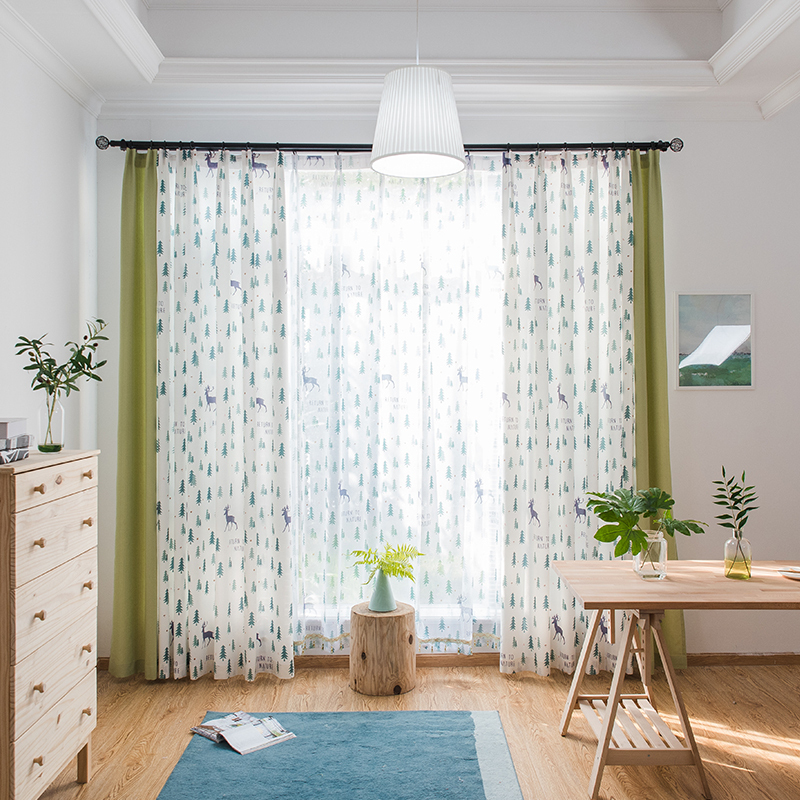 美帮汇窗帘遮光简约现代落地窗成品儿童卧室小清新北欧风格窗帘布 绿色涤棉拼接款-挂钩式 2.0宽*2.0高一片