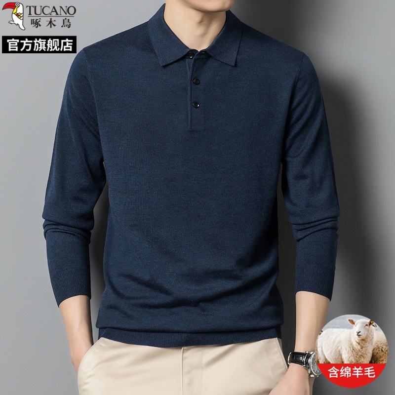 绵羊毛啄木鸟2025秋季新款翻领长袖t恤polo衫男士商务休闲上衣服高清大图