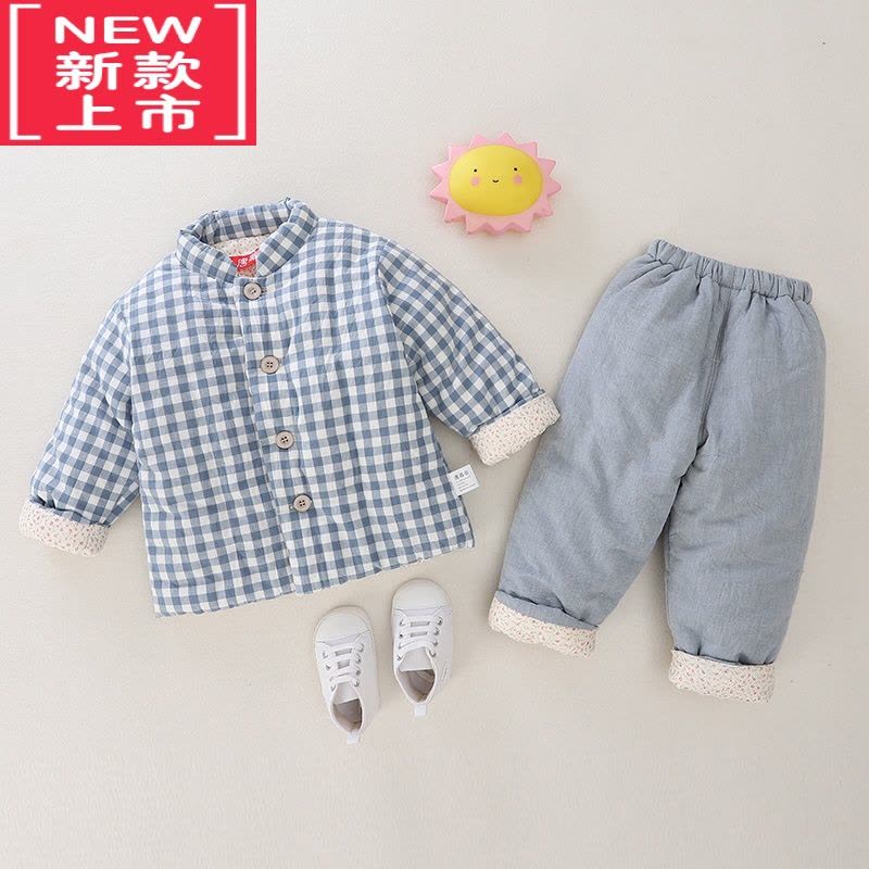 可莉允宝宝手工棉衣套装加厚男女童棉花棉袄棉裤两件套套校服格子棉内胆棉服图片