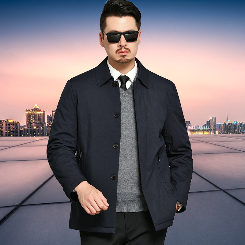 免费试穿送运费险秋冬新款爸爸装翻领冬装白鸭绒防寒外套衣服中老年大码男式羽绒服高端白鸭绒羽 195/104A 蓝色