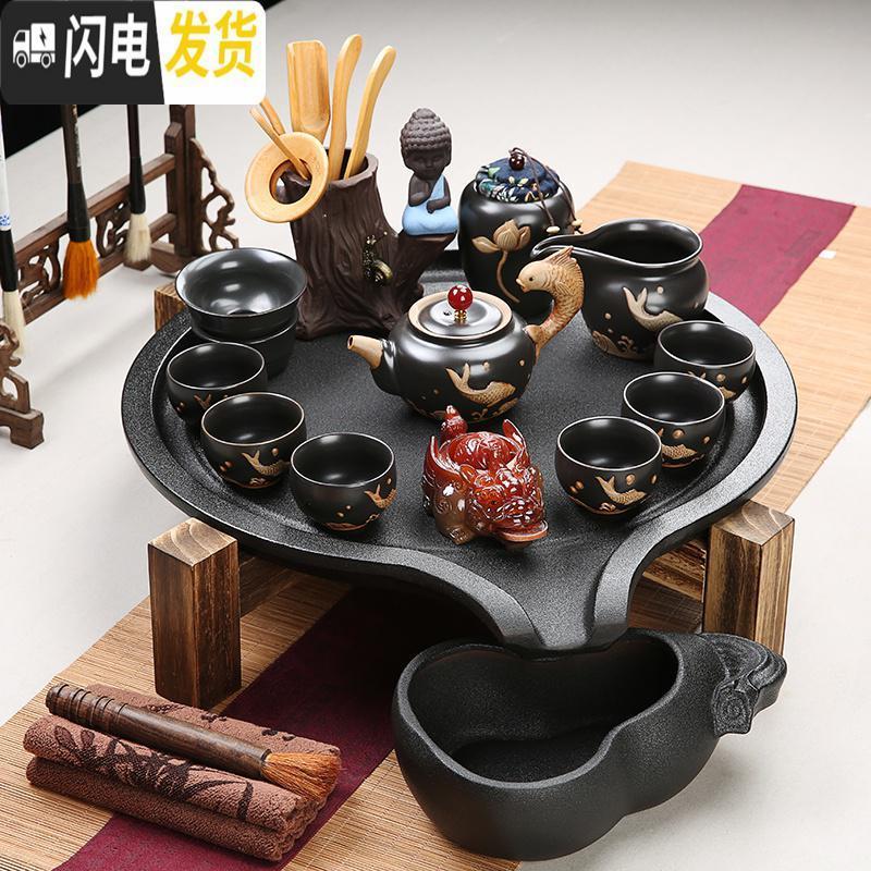 三维工匠家用石磨茶盘黑陶粗陶手绘紫砂哥窑汝窑功夫茶具陶瓷茶台茶托干泡 大号石磨茶盘+官窑茶具套组 20件