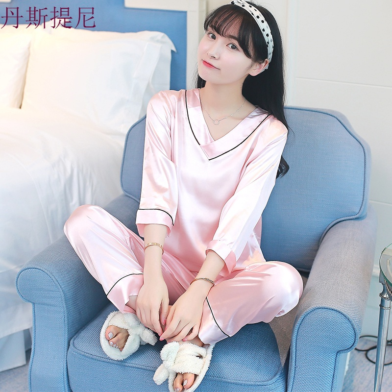 真丝睡衣女夏两件套分体冰丝睡衣女春秋韩版长袖甜美可爱性感薄款