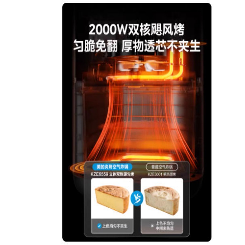 美的空气炸锅上下双热源6.5L大容量可视窗全金属内腔MF-KZE6559高清大图