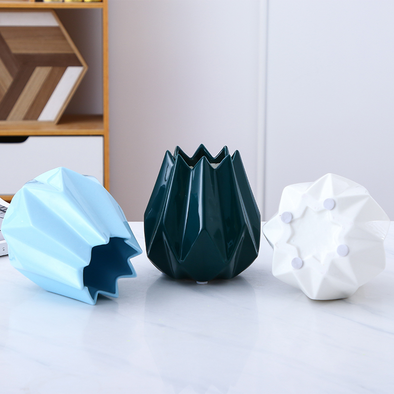 现代简约陶瓷花瓶家居摆设客厅装饰品北欧创意菱形干花插花器摆件 三维工匠 绿色花瓶小号高清大图