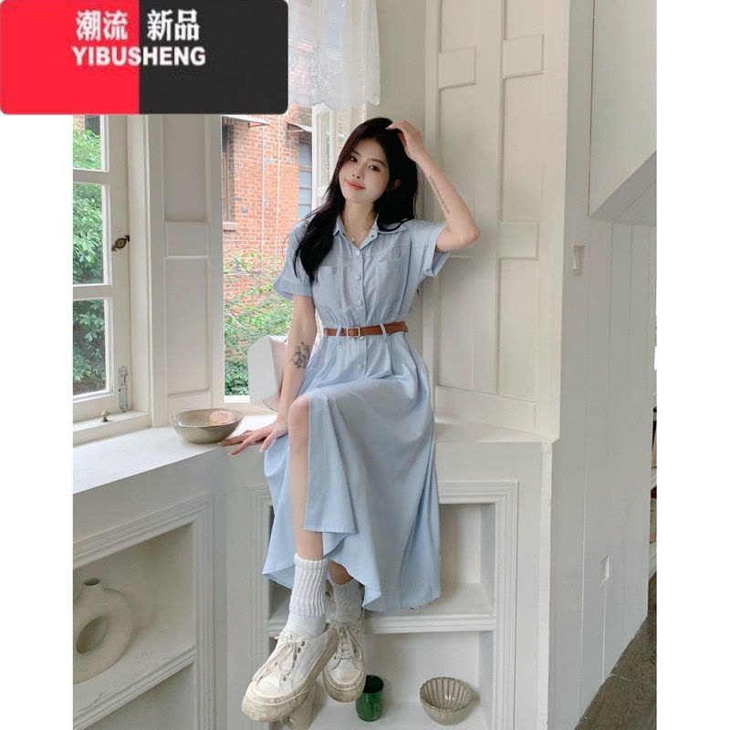 YIBUSHENG季新款大码女胖mm显瘦通勤翻领连衣裙配腰带收腰a字开衫中长裙图片