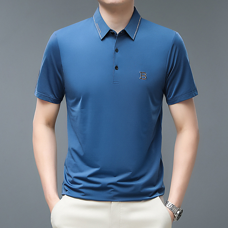 新款polo衫男夏季翻领短袖t恤男纯色简约透气宽松中年男装T恤高清大图