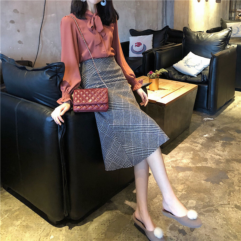 港味复古格纹优雅淑女气质中长款A字伞裙鱼尾裙包臀半身裙女图色