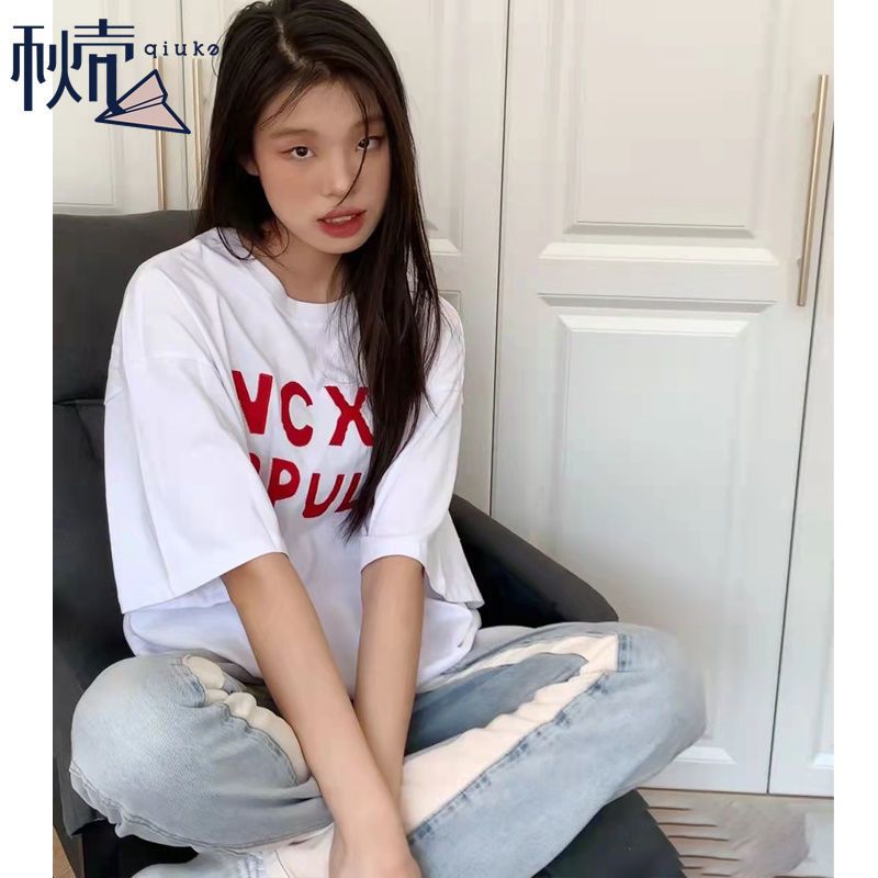 秋壳纯棉100%复古美式印花T恤T恤女字母爱心2022夏季新款可爱短袖