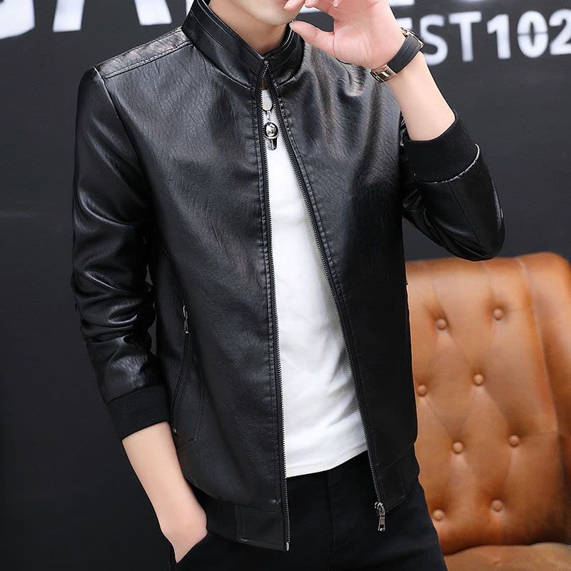 秋季新款男士皮衣男外套修身中青年爸爸棒球服领飞行夹克图片
