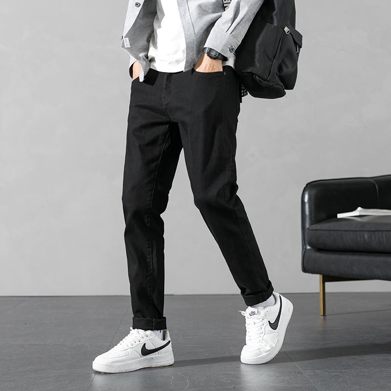 yuansu男士黑色牛仔裤男直筒修身大码男裤秋冬休闲长裤黑裤子男潮流