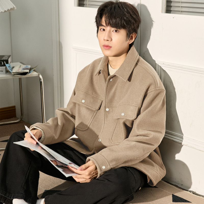 [1.5折价127元]唐狮外套男男士外套秋冬男装秋冬外套男翻领口袋款净色小香风外套