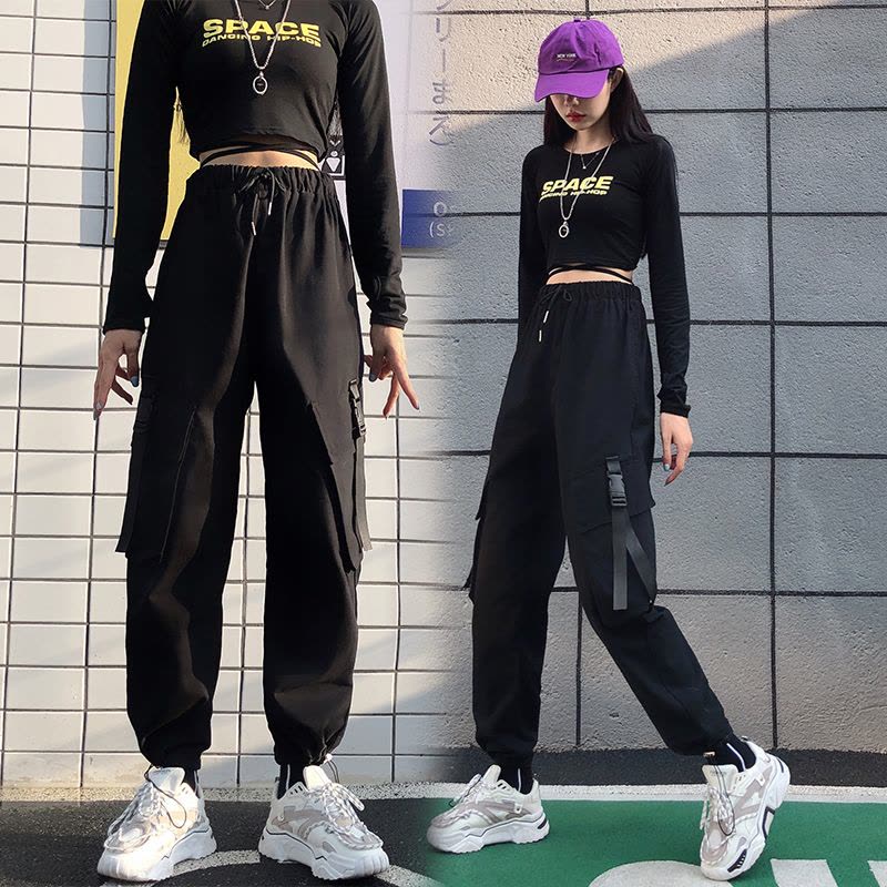 唯逸衣品2020新款工装裤女显瘦高腰黑色裤子宽松bf直筒运动束脚百搭休闲裤图片