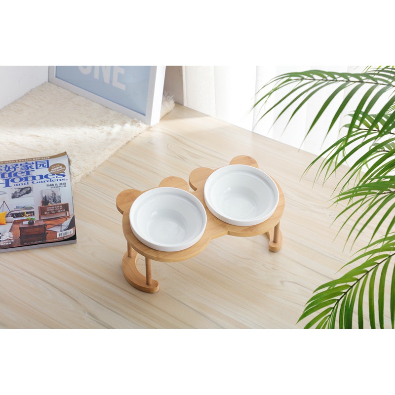 猫碗高脚猫咪喂食碗保护颈椎斜口狗碗可爱猫盆双碗陶瓷饮水宠物 可爱竹木纯白+双碗套装 猫咪/小型犬