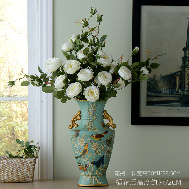 美式陶瓷花瓶花艺套装摆件家居装饰花仿真花假花工艺品摆设 三维工匠 双耳花瓶配6束白色法式茶玫高清大图