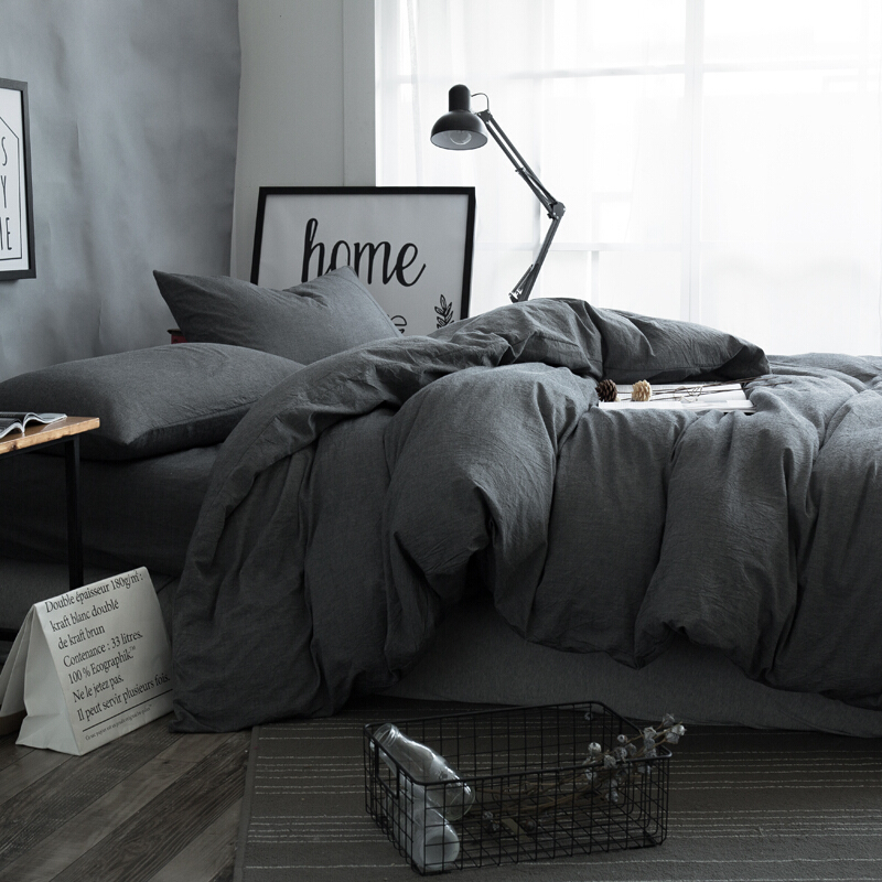 日式灰色水洗棉北欧被子四件套全棉纯棉床套被套床上超柔床单双人