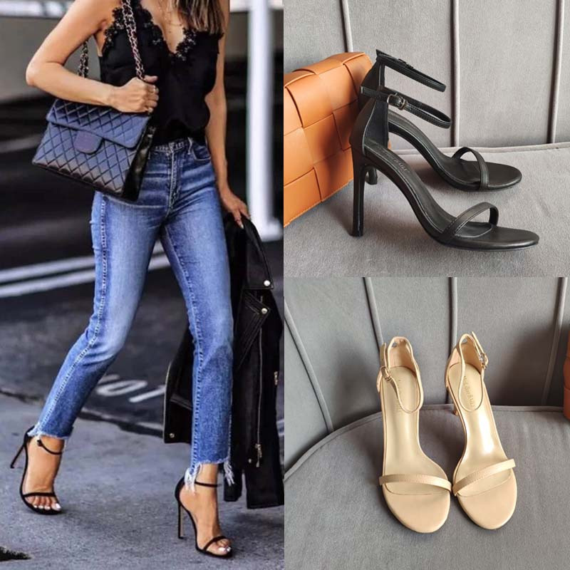 林先森sw一字带凉鞋女仙女风裸色细跟高跟鞋夏百搭网红黑色性感露趾