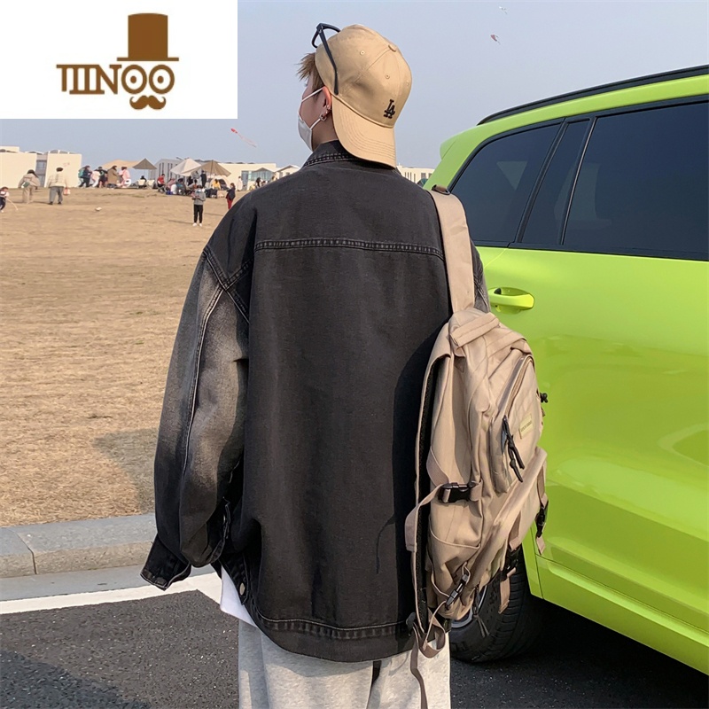 YANXU水洗牛仔外套男款秋季美式高街痞帅宽松百搭渐变做旧翻领夹克上搭高清大图
