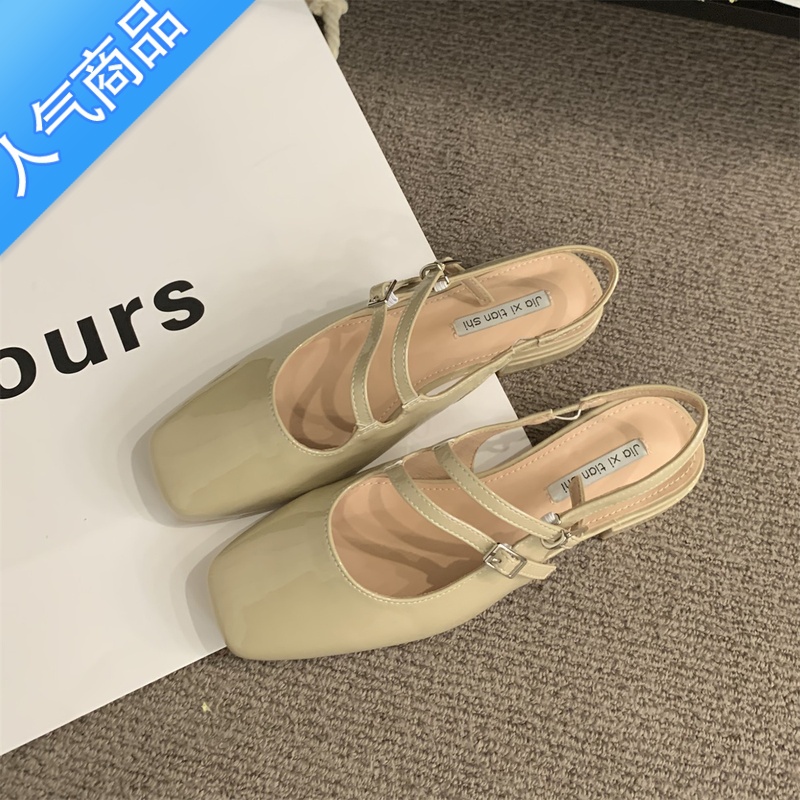 SUNTEK漆皮方头单鞋女2023年新款韩版法式仙女风气质休闲包头凉鞋女夏款