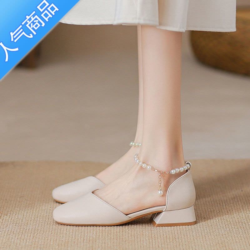 SUNTEK粗跟单鞋女2023新款春夏包头凉鞋仙女风配裙子温柔鞋中跟玛丽珍鞋图片