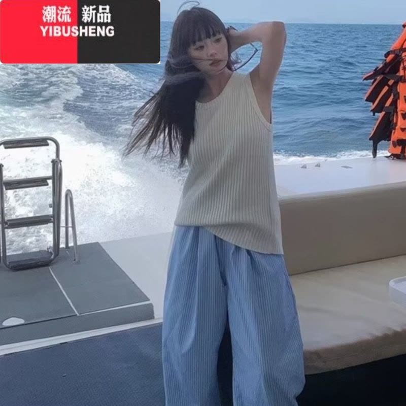 YIBUSHENG蓝色竖条纹垂感直筒休闲裤女春宽松阔腿拖地韩系长裤显瘦慵懒风图片