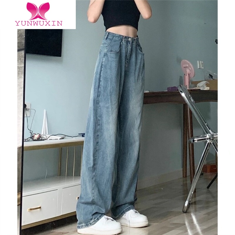 YUNWUXIN复古阔腿牛仔裤女宽松直筒大码胖mm显瘦高腰老爹裤子夏高街ins潮