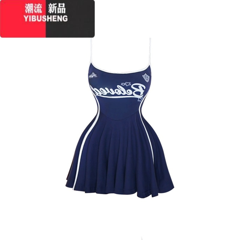 YIBUSHENGHELA 胖mm美式辣妹印花吊带连衣裙女2024足球宝贝收腰撞色a字裙