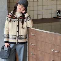 女童针织开衫秋季新款洋气女大童韩版连帽上衣儿童毛衣外套潮 120cm 杏色毛衣